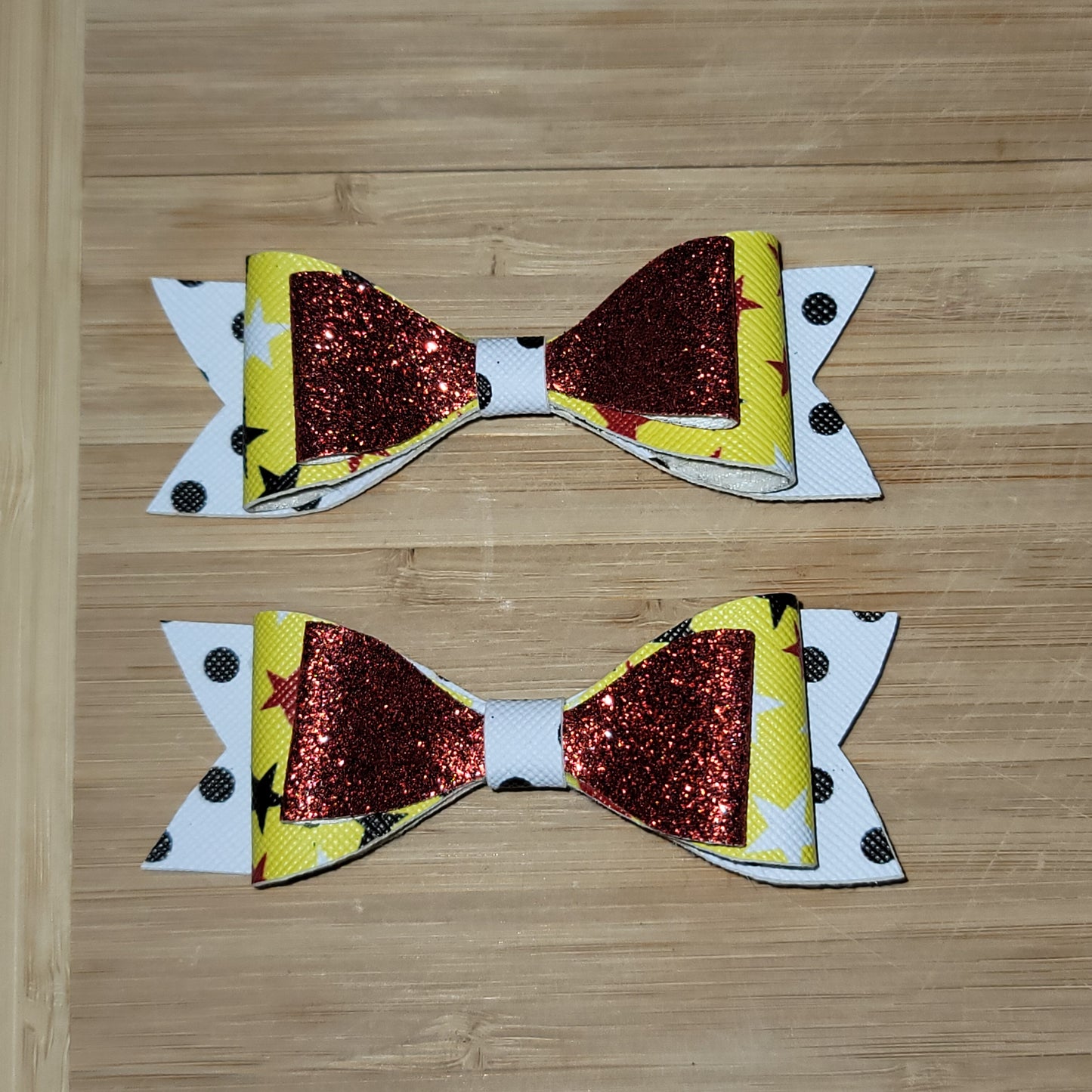 Red Glitter, Yellow Stars & Black/White Polka Dot Small Bow Set