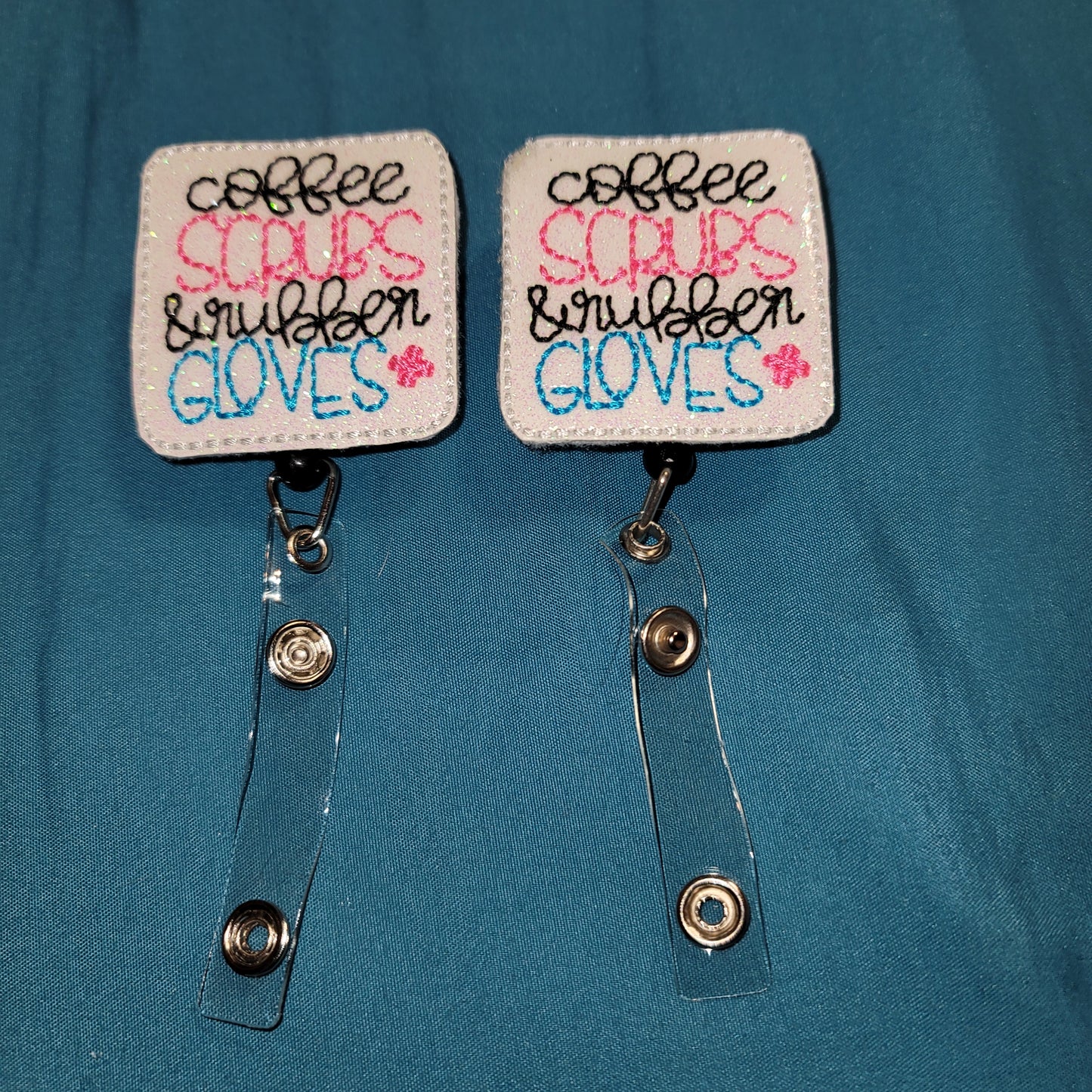 Coffee, Scrubs, & Rubber Gloves Glitter Badge Reel