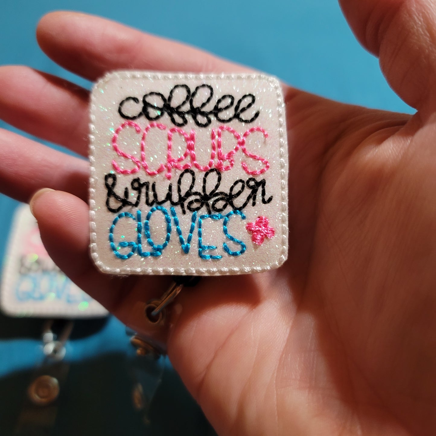 Coffee, Scrubs, & Rubber Gloves Glitter Badge Reel