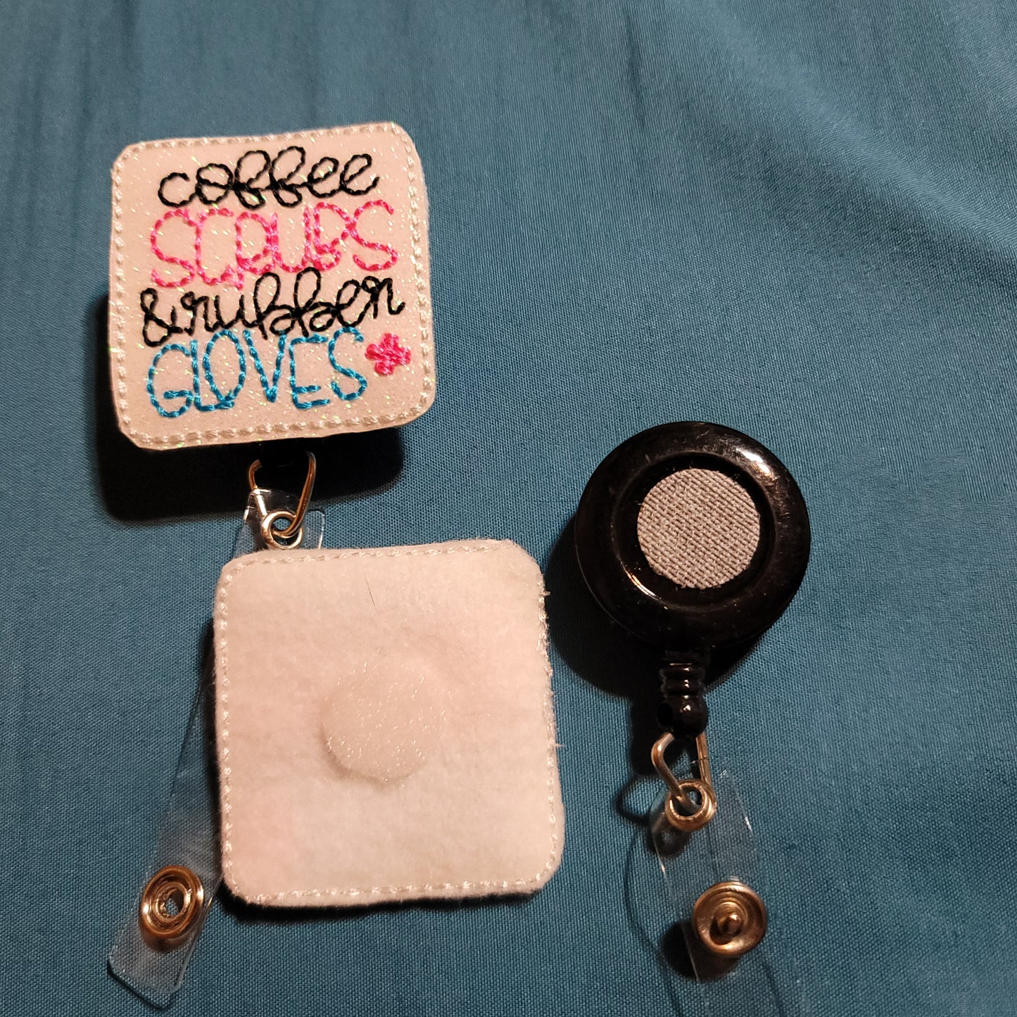 Coffee, Scrubs, & Rubber Gloves Glitter Badge Reel