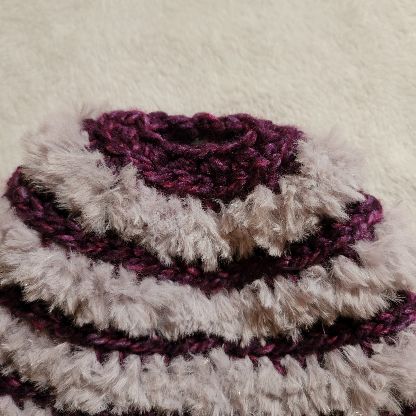 Small Adult Faux Fur Bun Beanie- Dark Purple & Gray Sparkle