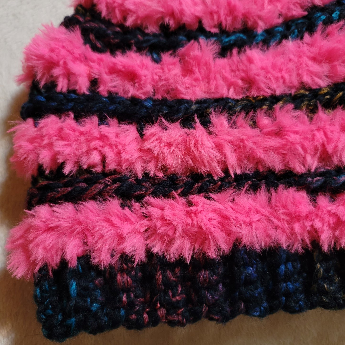 Adult Faux Fur Bun Beanie- Black Multicolor & Hot Pink
