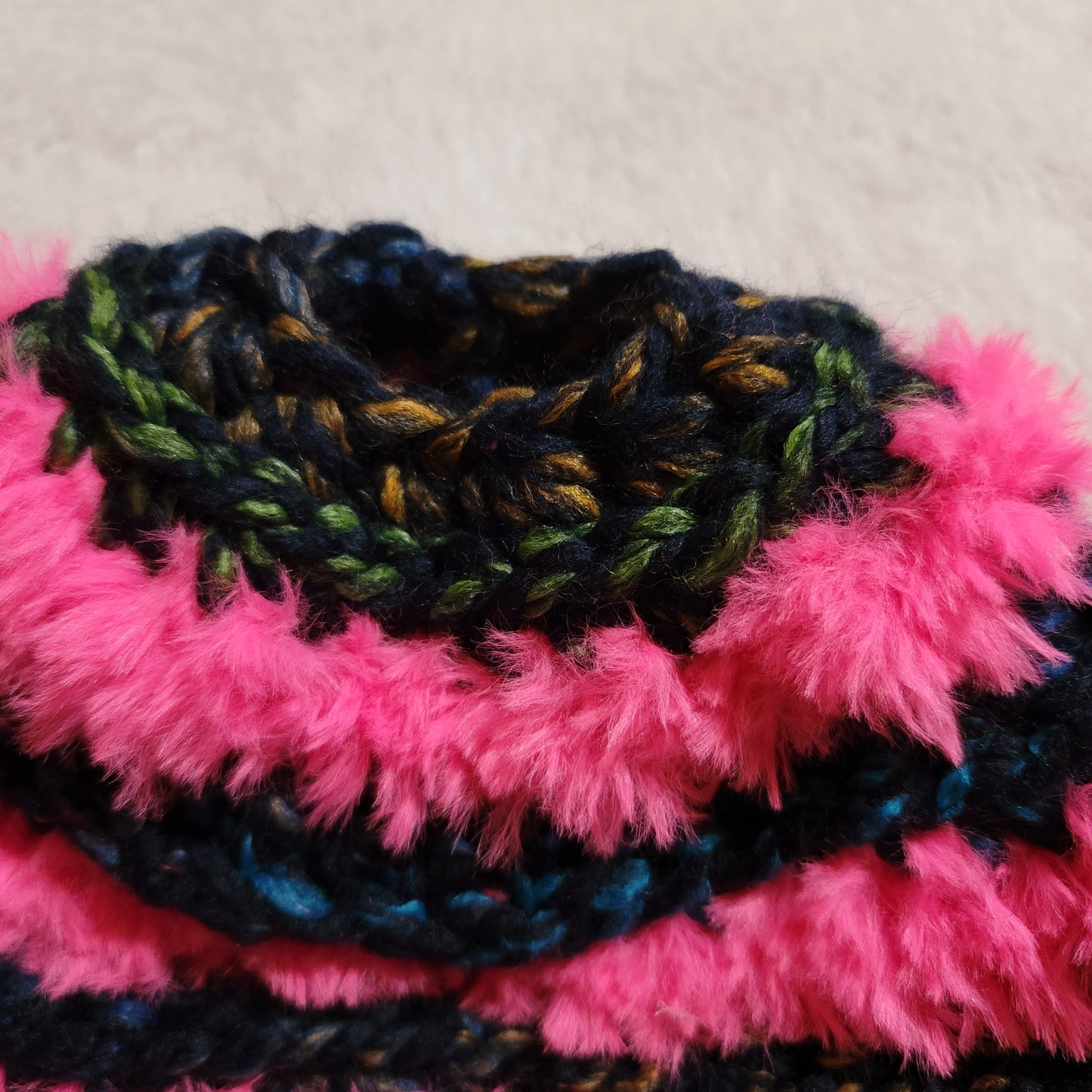 Adult Faux Fur Bun Beanie- Black Multicolor & Hot Pink