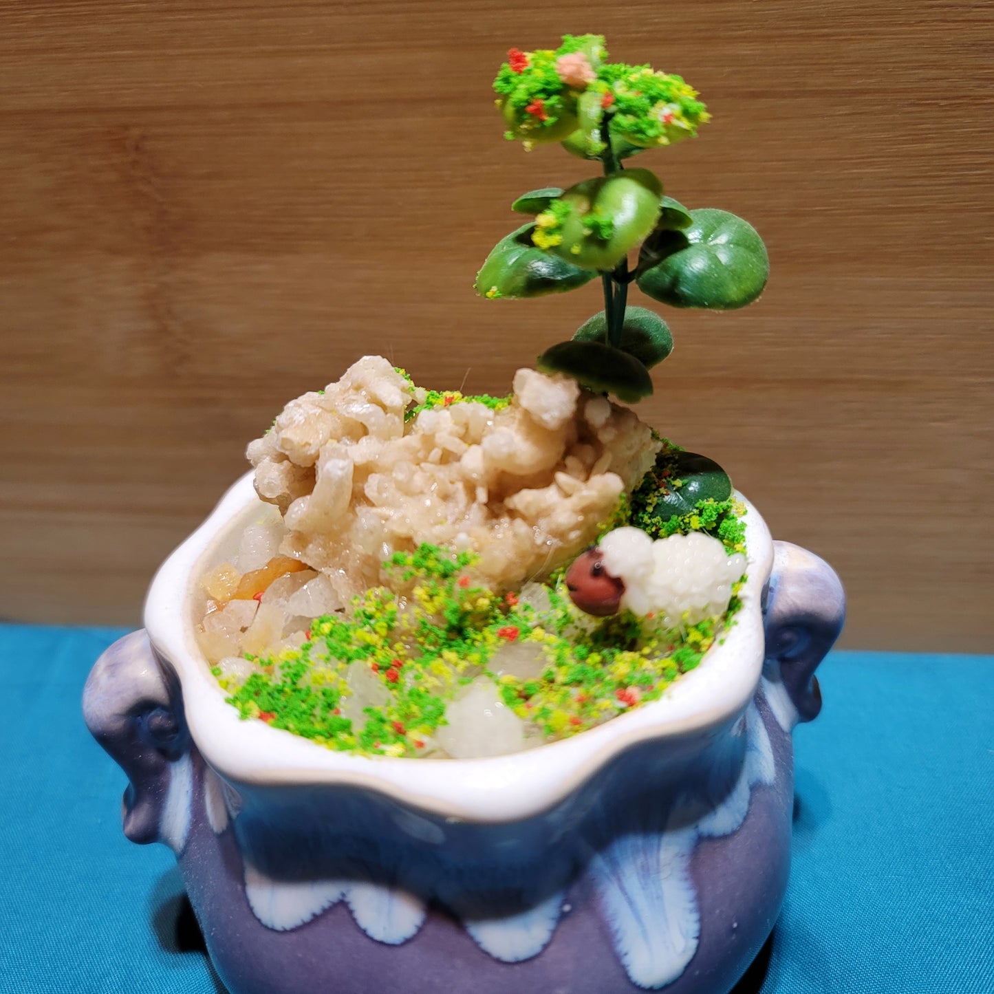 Purple Ceramic Pot with Faux Plants and Calcite