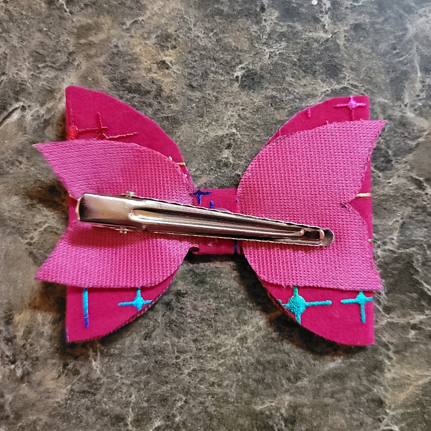 Pink Velour Bow with Multicolor Stars