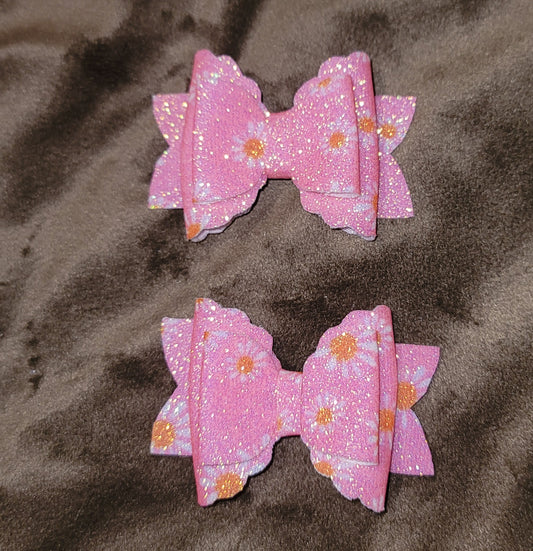 Hot Pink Glitter Daisy Piggy Bow Set