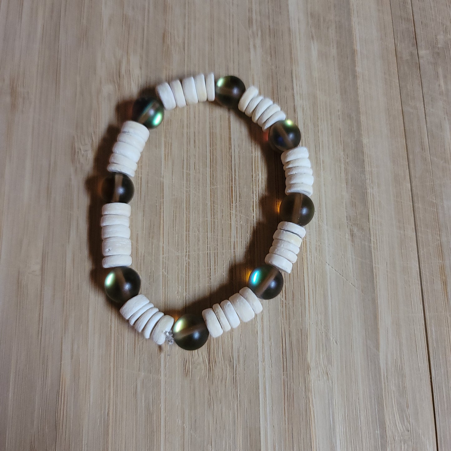 Holographic Glass & Tawainese Wood Beaded Bracelet