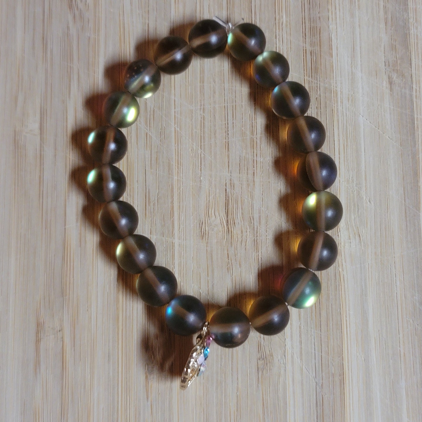 Holographic Glass Bead Bracelet with Seashell Charm