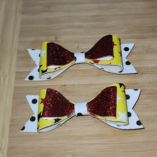 Red Glitter, Yellow Stars & Black/White Polka Dot Small Bow Set