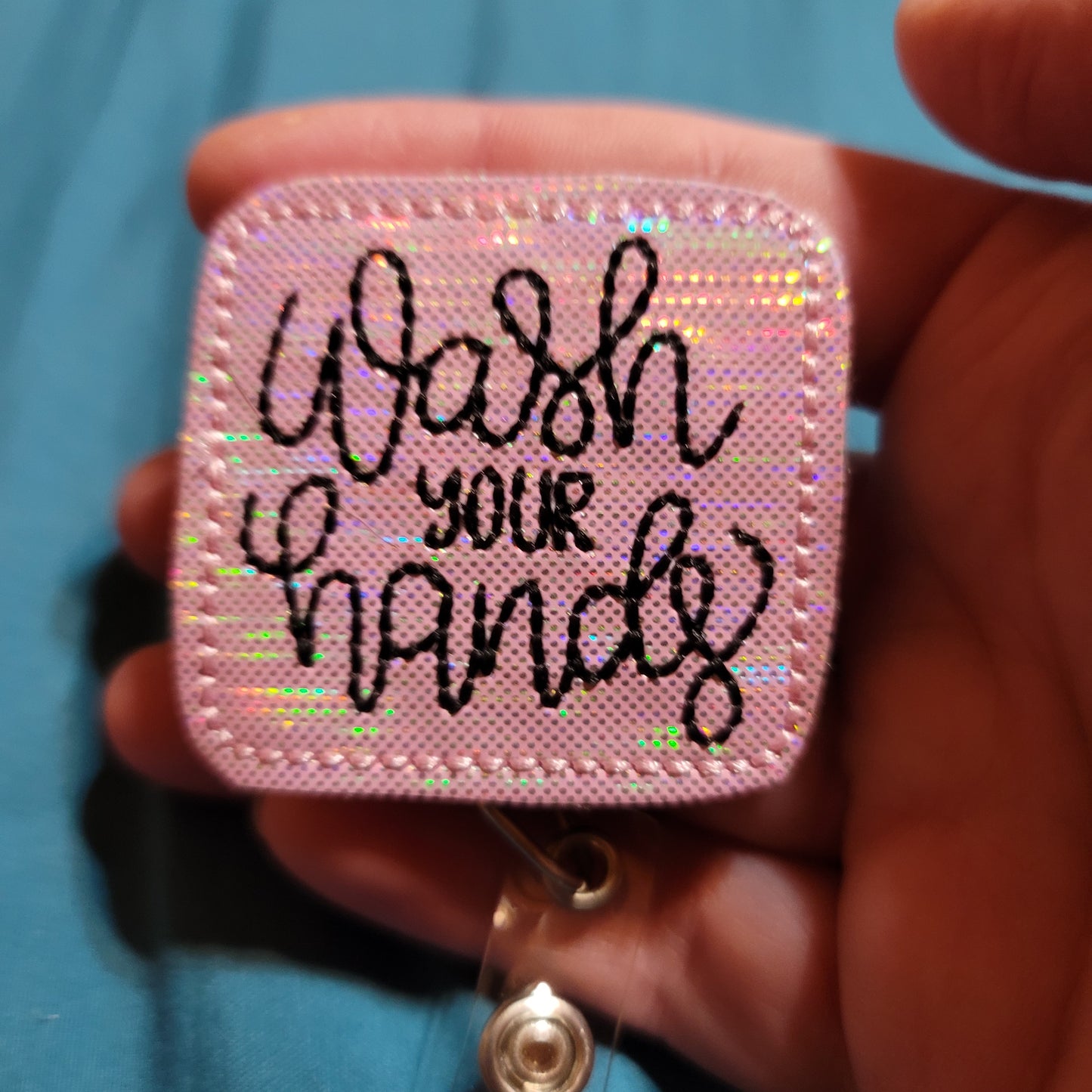 Embroidered Wash Your Hands Pink Metallic Badge Reel
