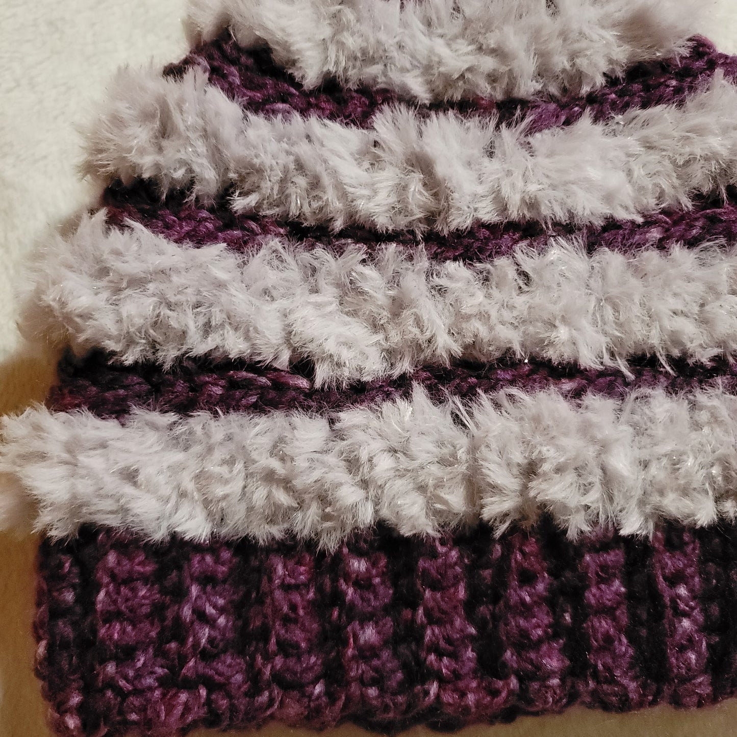 Small Adult Faux Fur Bun Beanie- Dark Purple & Gray Sparkle