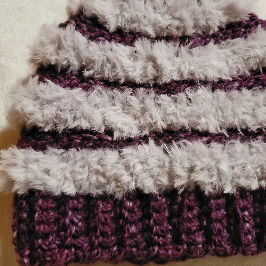 Small Adult Faux Fur Bun Beanie- Dark Purple & Gray Sparkle