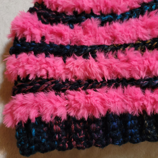 Adult Faux Fur Bun Beanie- Black Multicolor & Hot Pink