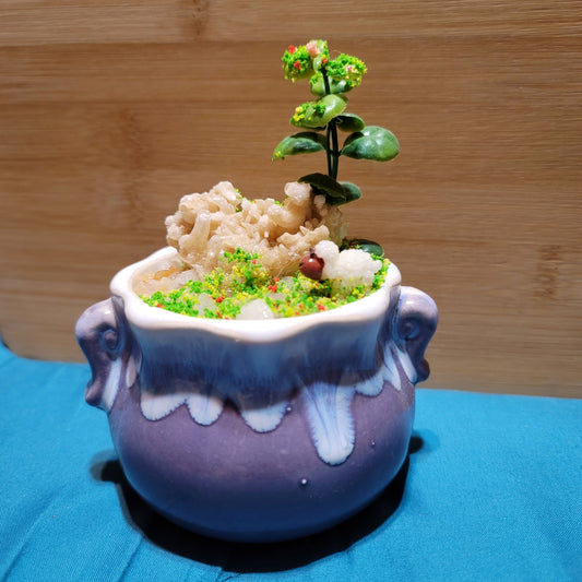Purple Ceramic Pot with Faux Plants and Calcite