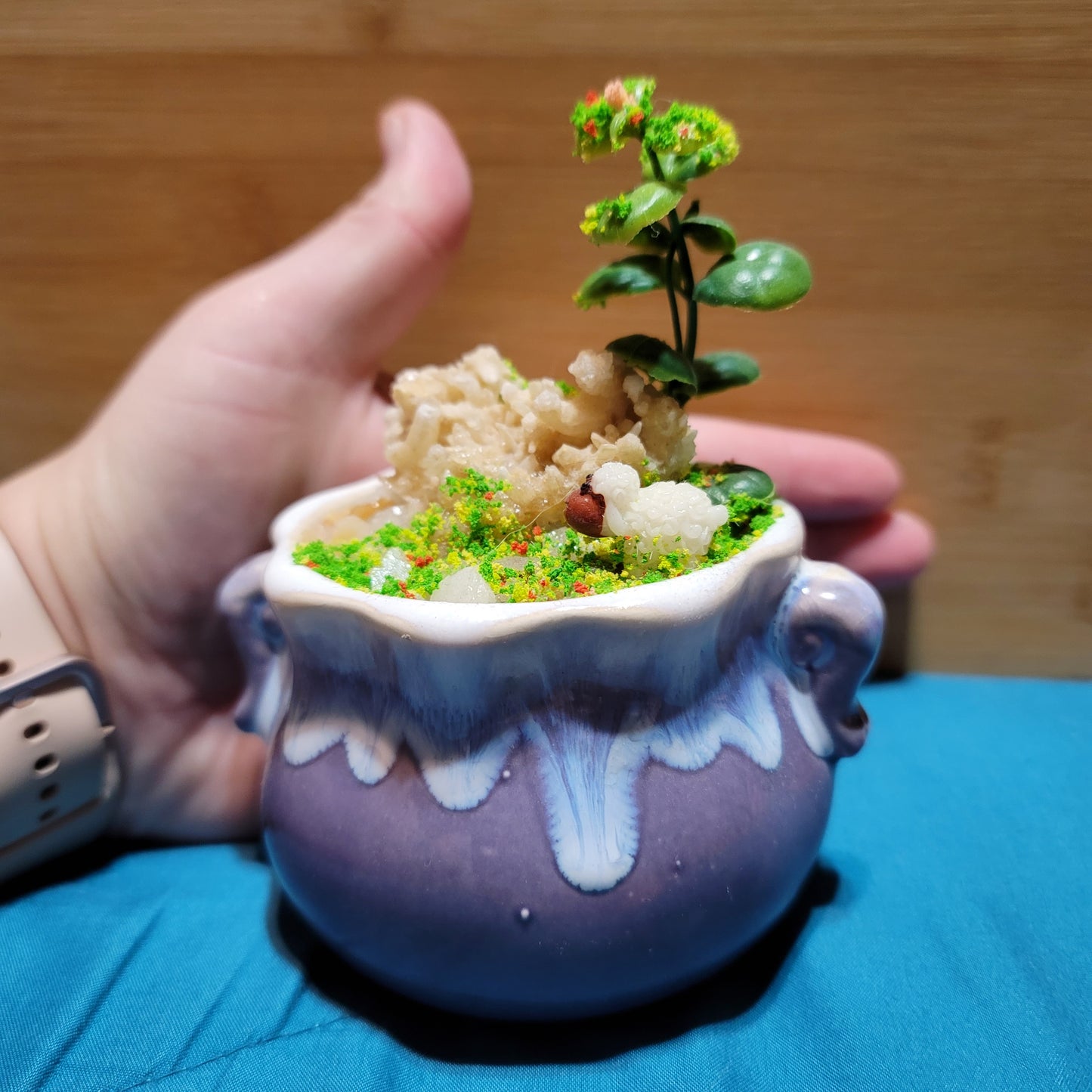 Purple Ceramic Pot with Faux Plants and Calcite